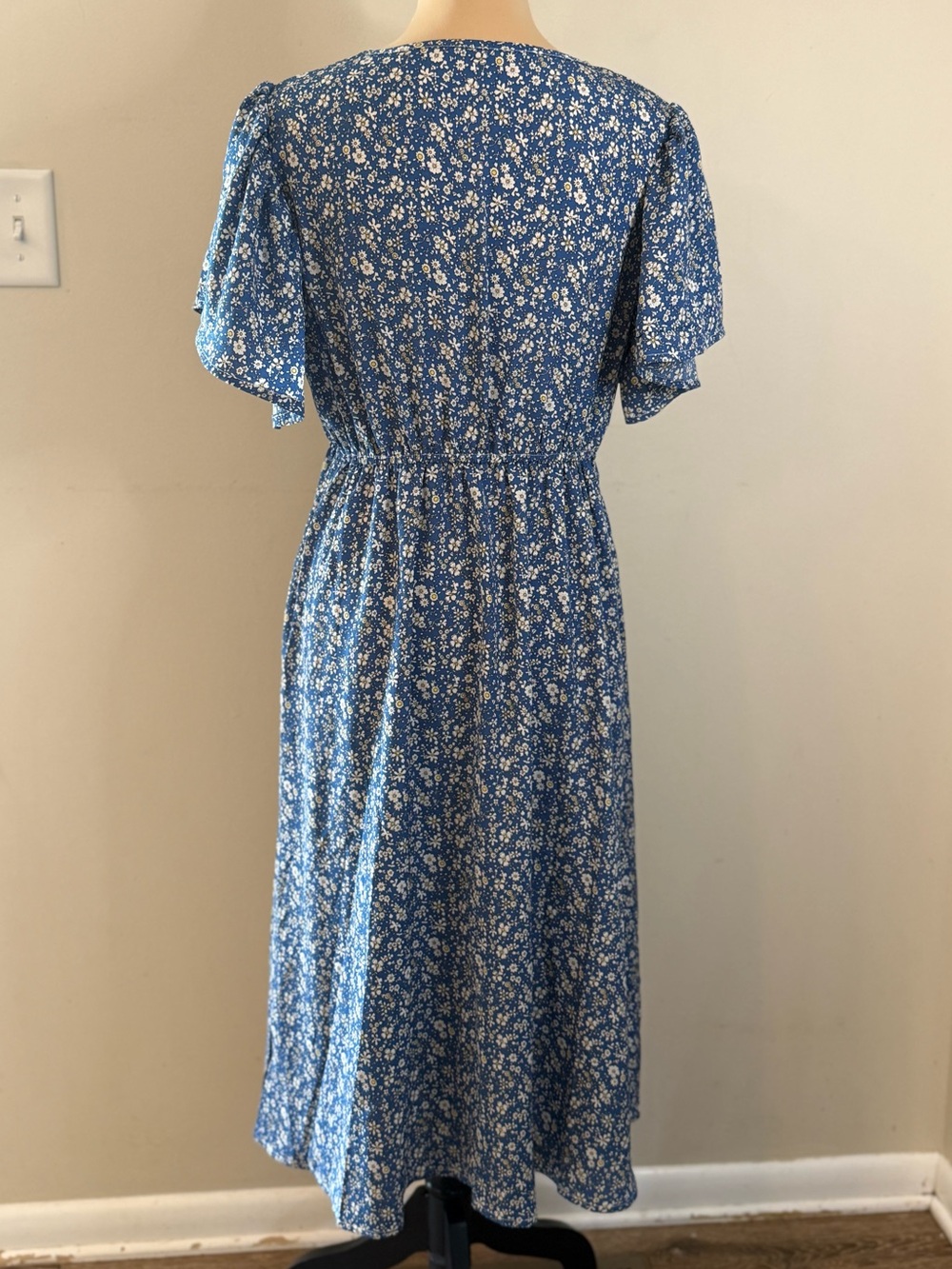 Shein maxi dress blue yellow ditsy floral short sleeves SZ LG - Picture 4 of 11